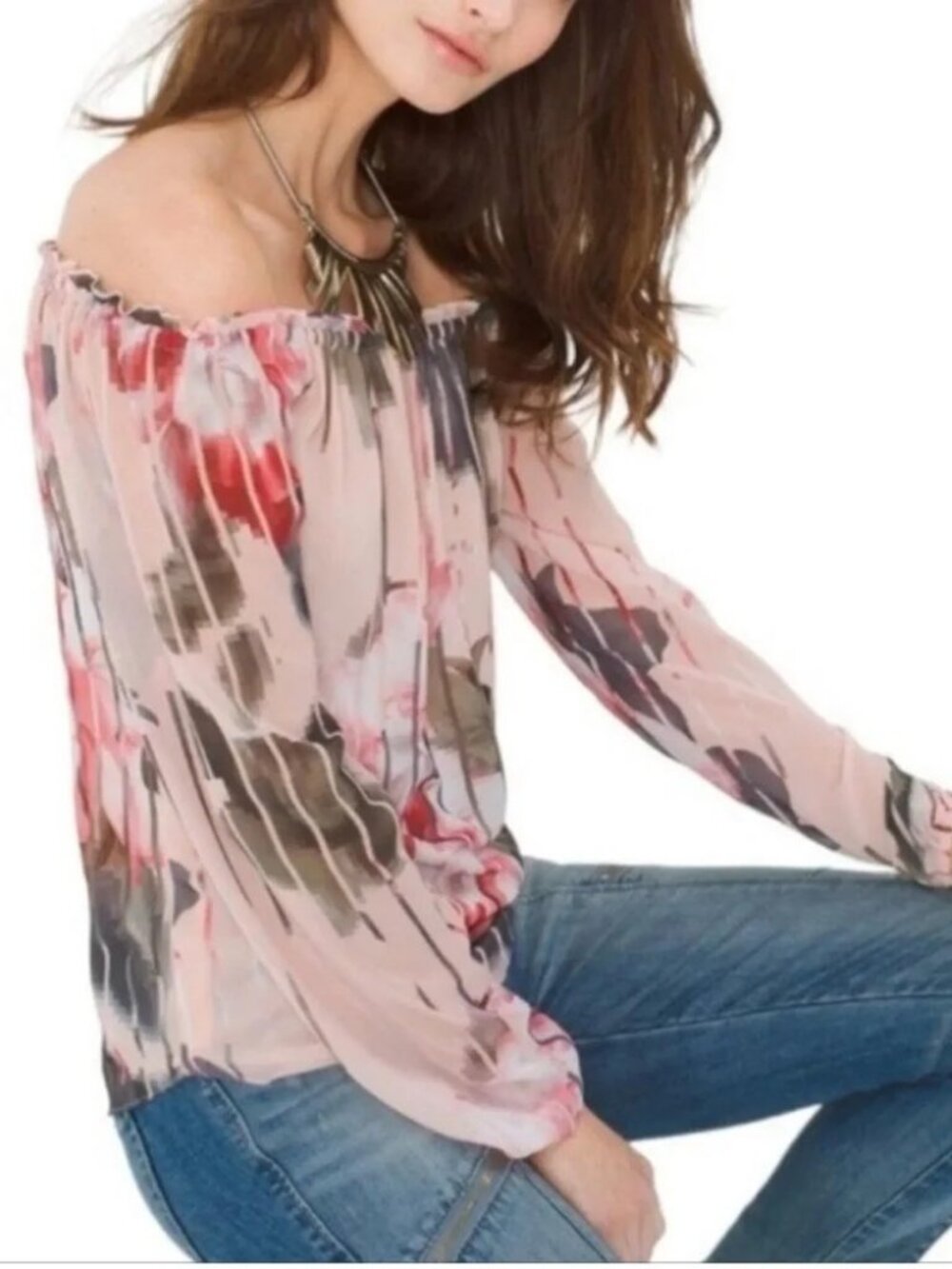 WHBM Rose Scuba Floral Chiffon Off the Shoulder Top ** Size Medium